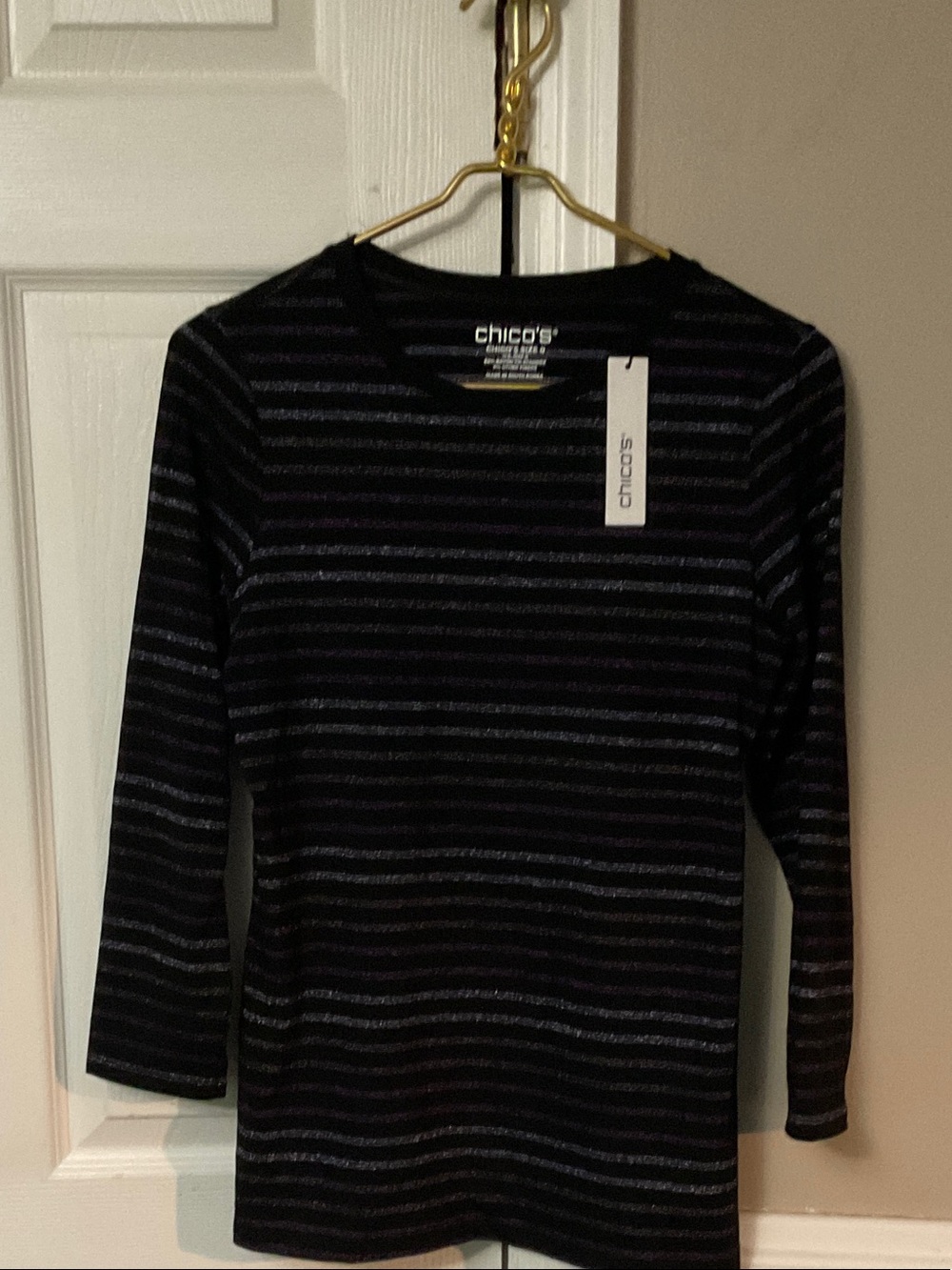 Chico's Black and Gray Striped Long Sleeve Tee